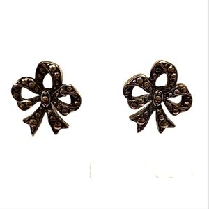 Marcasite Bow Pierced Earrings - Silver Tone